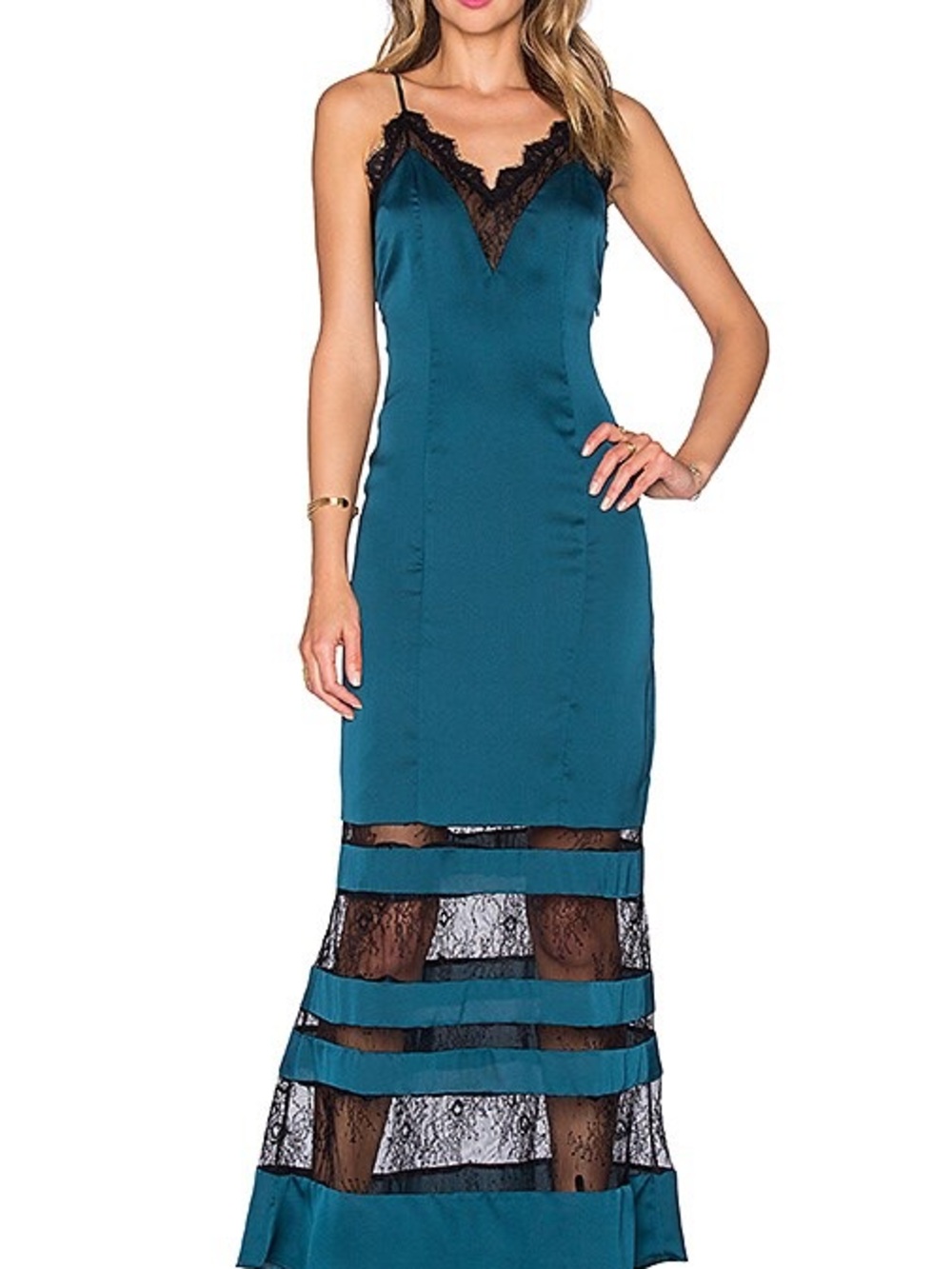 Lovers + Friends Teal Maxi Slip Dress with Black Lace Trim
